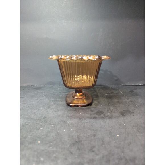 FTDA Amber Glass Candy Dish, Lace Ribbed‎ Pedestal Bowl, VTG Home Decor, Planter - Picture 7 of 11